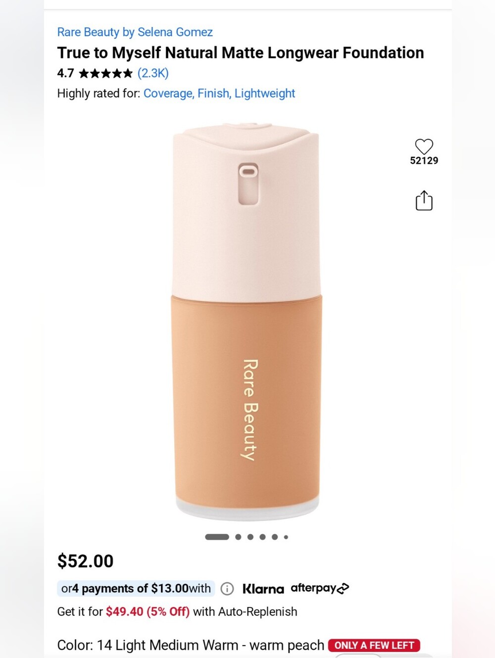 Rare Beauty True to Myself Foundation — Warm Peach shade 14